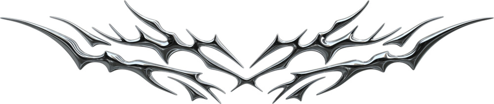 3D chrome tribal graphic with sharp edges and futuristic style. Metallic design perfect for streetwear fashion, digital tattoos or Y2K cyberpunk visuals.