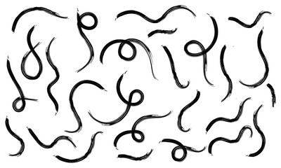 Brush line stroke squiggly paint set on chalkboard. Hand drawn doodle swirl wave brush curly charcoal stroke. Line squiggly paint curly hand drawn ink calligraphy elements. Vector&nbsp;illustration. 