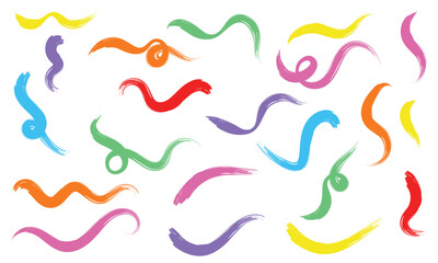 Brush line stroke squiggly paint set on chalkboard. Hand drawn doodle swirl wave brush curly charcoal stroke. Line squiggly paint curly hand drawn ink calligraphy elements. Vector illustration. 