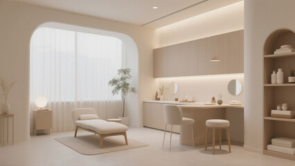 A serene, minimalist spa interior featuring neutral tones and elegant design.