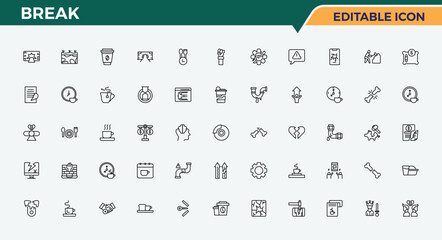 Break icon set in linear style. Relaxation line icon set. Outline icons in linear style. Included relaxation, holiday, christmas, calendar, vacation, summer and more. Vector collections.