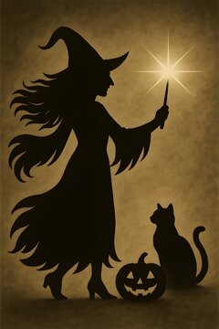 Silhouette of an enchanted witch holding a glowing wand, with cat and pumpkin 