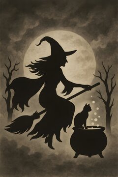 Vintage silhouette of a witch riding a broomstick with a black cat perched behind her, eerie sky background