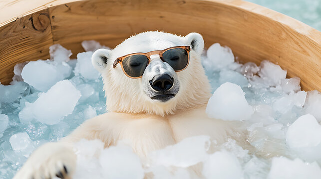 Cool polar bear with sunglasses relaxing in a bath full of ice cubes.  Summer heat relief or just living the chill life. - Powered by Adobe