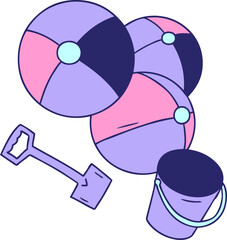 hand drawn cartoon doodle beach balls with a bucket and spade in bright neon color