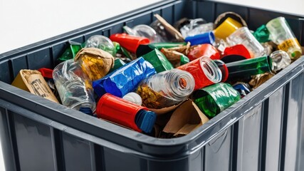Overflowing recycling bin with mixed glass and plastic bottles represents urban waste management challenge