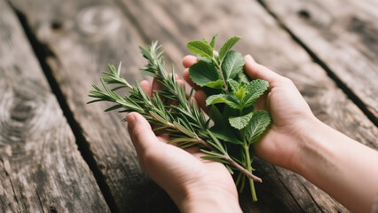 Hands holding fresh rosemary and mint sprigs against a rustic wooden background.