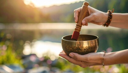 Woman's hands gently strike a singing bowl outdoors at sunset, creating peaceful sounds near tranquil water.