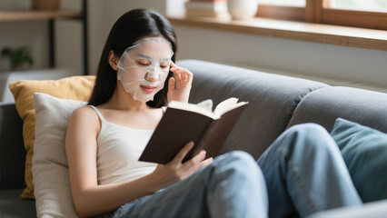 A young woman with a facial mask relaxes on a sofa while reading a book in a bright, cozy living room.