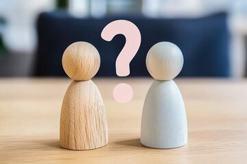 Two wooden figurines, light brown and light gray, stand facing each other on a light wooden surface. A pink question mark hovers above them