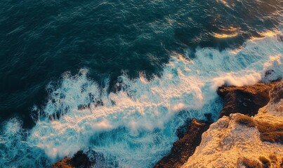 coastal cliff, crashing ocean waves, top-down drone view, natural textures, soft sunset light 