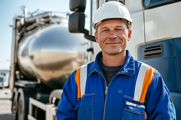 Portrait of a smiling truck driver in a white hard hat, standing in front of a large tanker truck on a sunny day. Professional and trustworthy.