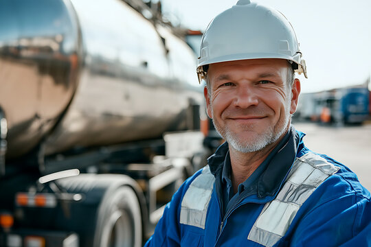 Smiling truck driver in safety gear stands by a tanker truck. Transportation industry, safety measures, and a professional at work. Focused, confident worker.