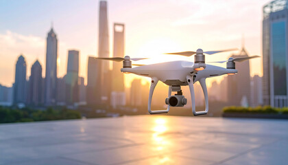 Drone flying over Shanghai at sunset