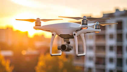 White drone flying over buildings during sunset