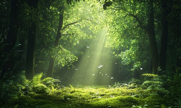 deep forest with morning sunbeams, dewy leaves, mossy ground, birds in distance, realistic ambiance