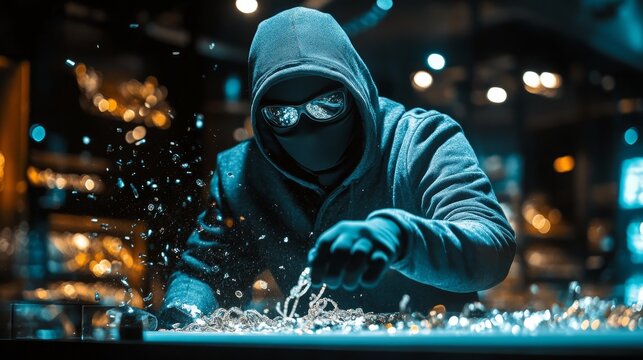 Hooded thief robbing jewelry store at night
