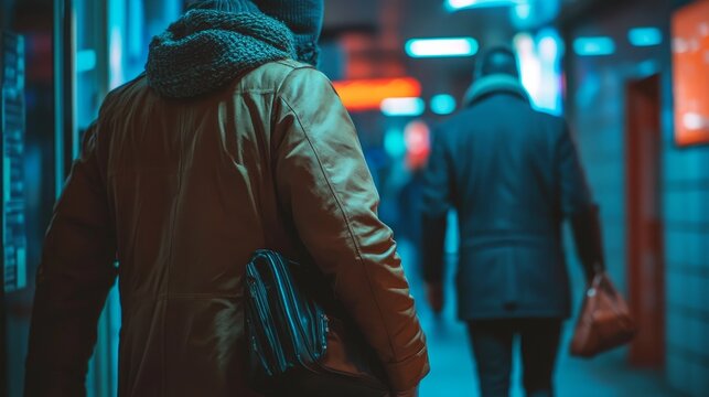 People in winter clothing wait at a modern, illuminated subway station with a cool, urban atmosphere. - Powered by Adobe