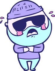 cartoon bearded man crying wearing sunglasses in bright neon color