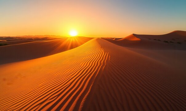 desert sand dunes at golden hour, ripples in sand, clear sky, warm tones, highly realistic
