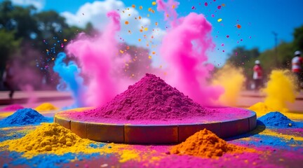 Vibrant Holi powder piles and colorful smoke clouds against blue sky festival color powder