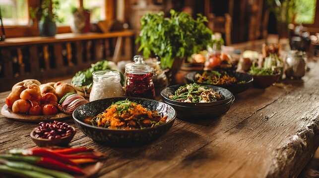 A rustic wooden table filled with vibrant vegetarian dishes fresh herbs colorful vegetables captured in warm natural lighting farmhouse style real photo stock photography