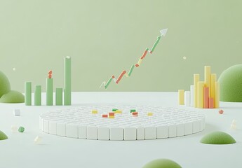 Abstract 3D graphic of chart elements on a light green background