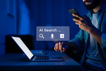 AI search engine technology concept. Man use smartphone with AI search bar interface representing artificial intelligence search technology, voice input, and innovation in modern information retrieval