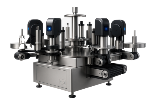 High-speed rotary labeling system with multiple labeling heads for a beverage production line