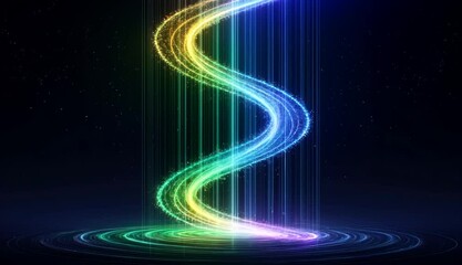 Vertical spiraling light beams in multicolor on dark background - Powered by Adobe