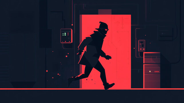 A silhouette of a spy or agent sneaking through a high-tech doorway with red light in a dark, futuristic environment. - Powered by Adobe