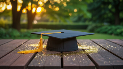 Graduation cap with golden tassel on wooden table with glitter