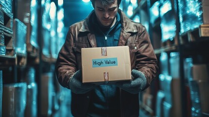 A man inspects a "High Value" package in a dimly lit warehouse aisle filled with shelves and boxes.