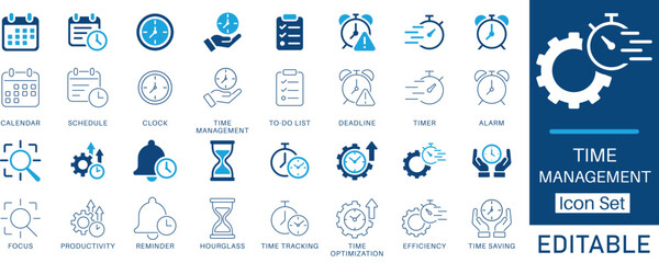 Time Management and Productivity solid icon set. Contains symbols for Schedule, Deadline, To-do List, and Efficiency. Flat vector design for business workflow and project management.