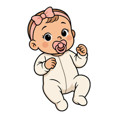 Vector illustration of a cute cartoon baby girl with a pink bow headband and pacifier, wearing a light-colored romper, lies on her back.