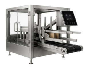 Side-loading case packer with adjustable guides for various box sizes in a cosmetics factory