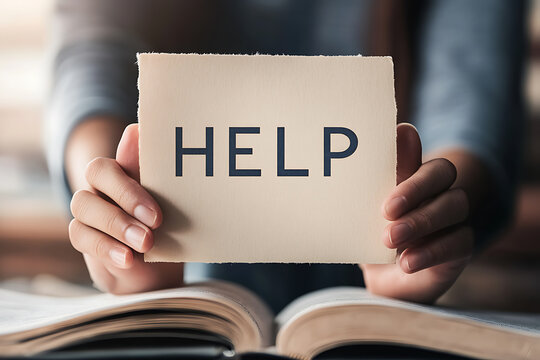 A person holds a card with the word "HELP" in front of an open book, signaling a need for assistance in understanding the material.
