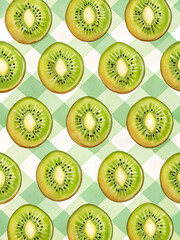 Watercolor Seamless Repeating pattern of vibrant kiwi fruits with check and polka dots Background for Notebook Cover Textile Clothes Print.