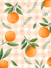 Watercolor Seamless Repeating pattern of vibrant oranges with check and polka dots Background for Notebook Cover Textile Clothes Print.