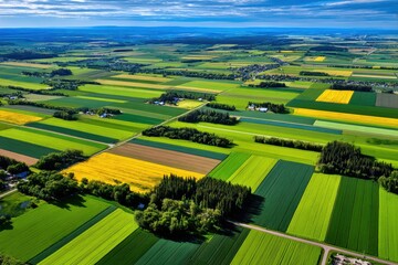 Vibrant patchwork of farmland and greenery under a serene sky in the heart of rural landscapes