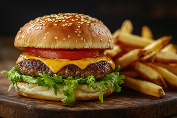 Classic cheeseburger on wooden board with golden fries