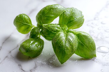 Obraz premium Fresh green basil leaves adorned with water droplets on a marble surface