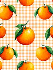 Watercolor Seamless Repeating pattern of vibrant oranges with check and polka dots Background for Notebook Cover Textile Clothes Print.