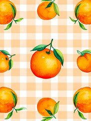 Watercolor Seamless Repeating pattern of vibrant oranges with check and polka dots Background for Notebook Cover Textile Clothes Print.