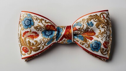 Elegant floral bow tie with ornate design featuring vibrant blue and red flowers