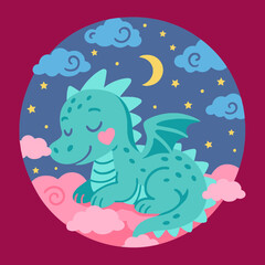 3D Shadow Box, 10 layers, cute sleeping dragon on clouds, round night sky scene