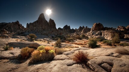 Sunlit desert landscape with rocky formations and sparse vegetation