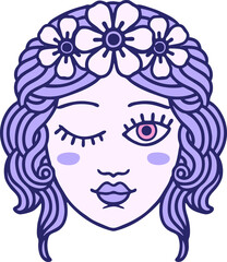 iconic tattoo style image of a maidens face winking in bright neon color