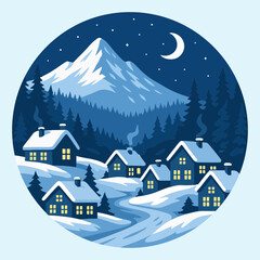 3D Shadow Box, 19 layers, cozy winter village with snowy houses, forest and mountain night scene