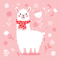 3D Shadow Box, 7 layers, cute white llama with red heart scarf on pink floral background